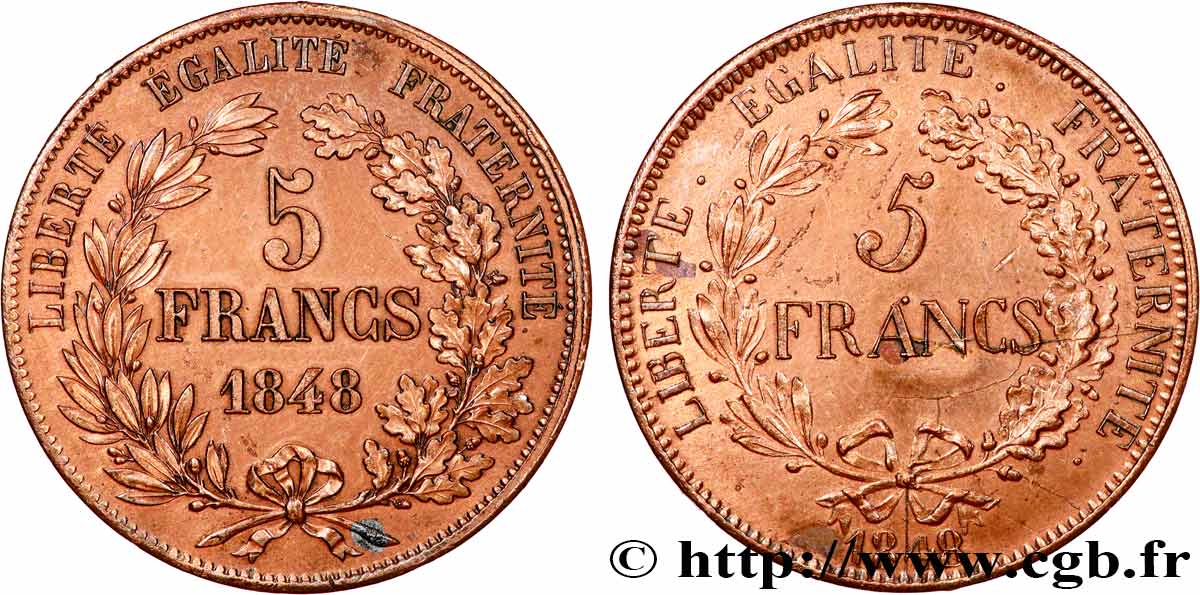 Concours de 5 francs, essai en cuivre double revers par Alard, et par Gayrard 1848 Paris VG.3111 (3059) rev. VZ 