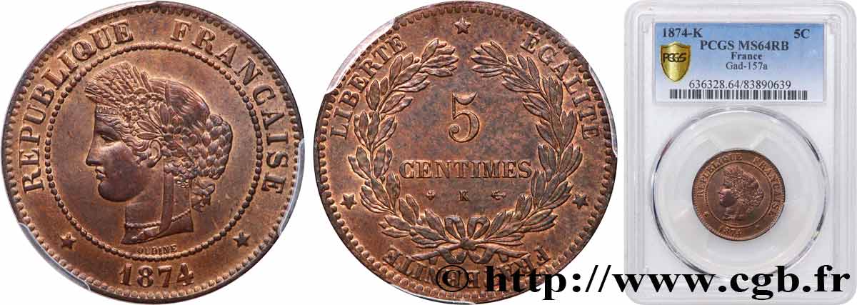 5 centimes Cérès 1874 Bordeaux F.118/10 fST64 PCGS