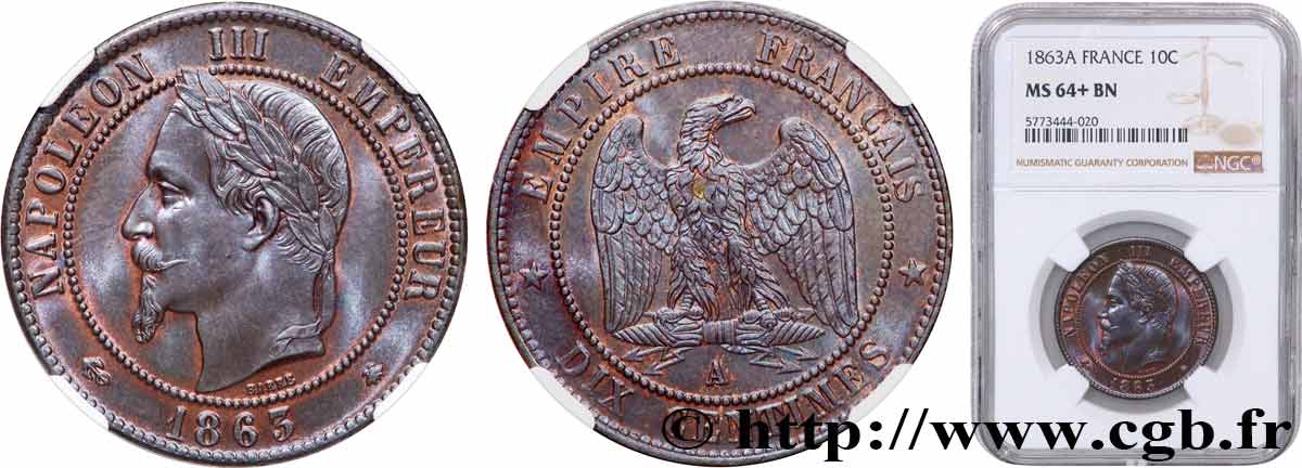 Dix centimes Napoléon III, tête laurée 1863 Paris F.134/10 SPL64 NGC
