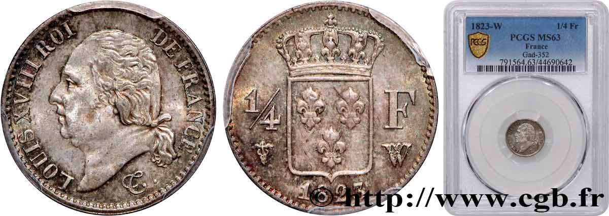 1/4 franc Louis XVIII 1823 Lille F.163/30 MS63 PCGS