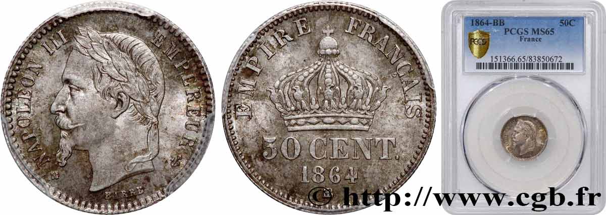 50 centimes Napoléon III, tête laurée 1864 Strasbourg F.188/3 MS65 PCGS