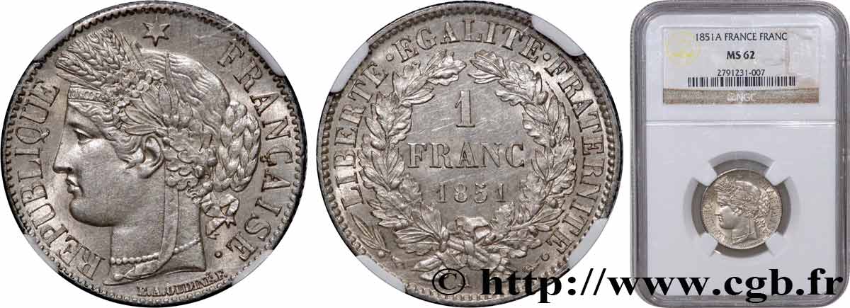 1 franc Cérès, IIe République 1851 Paris F.211/9 SUP62 NGC