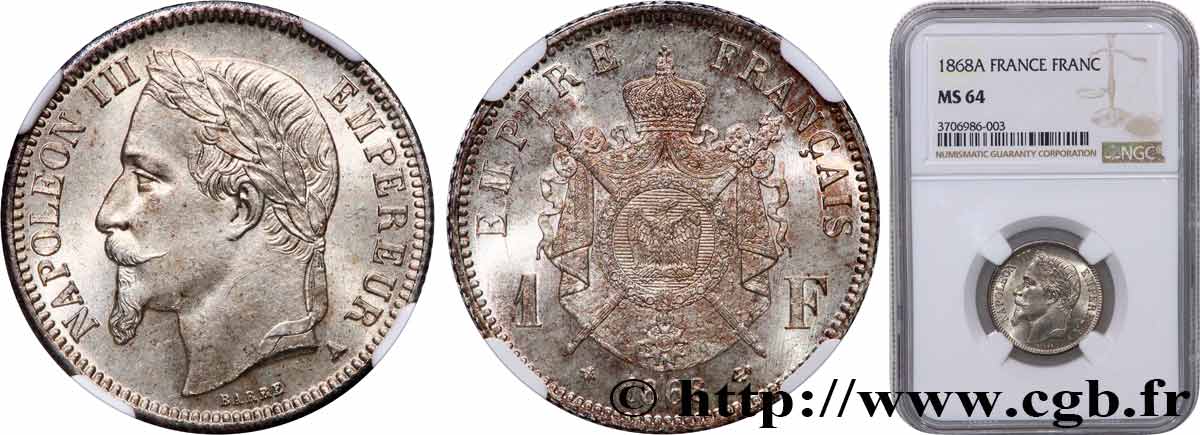 1 franc Napoléon III, tête laurée 1868 Paris F.215/10 fST64 NGC
