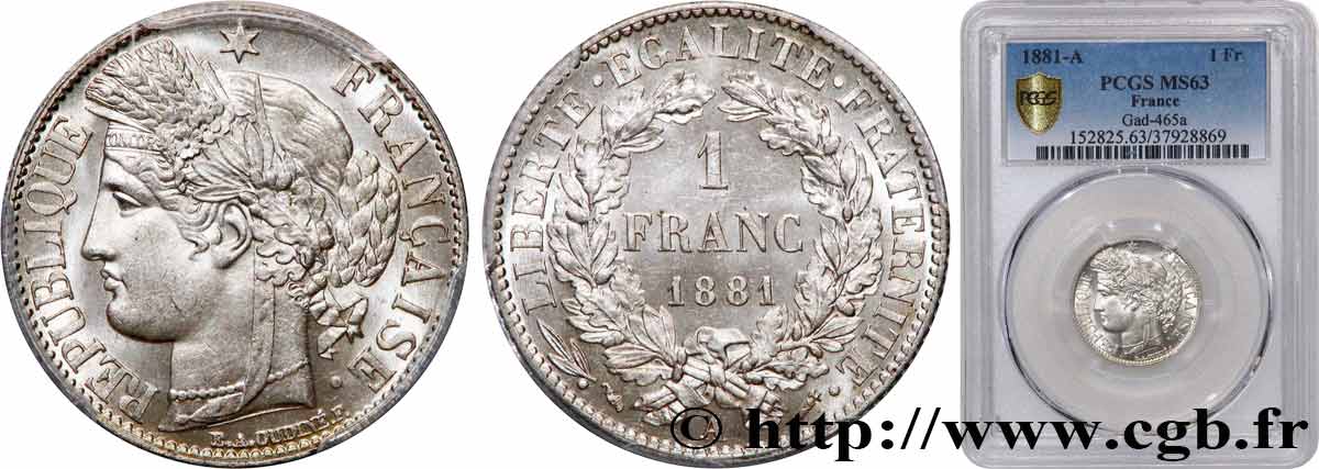 1 franc Cérès, Troisième République 1881 Paris F.216/8 fST63 PCGS