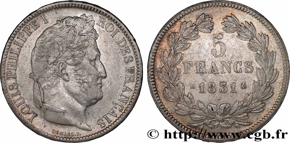 5 francs Ier type Domard, tranche en relief 1831 Toulouse F.320/9 XF 