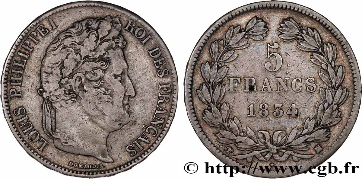 5 francs IIe type Domard 1834 Marseille F.324/38 TB35 