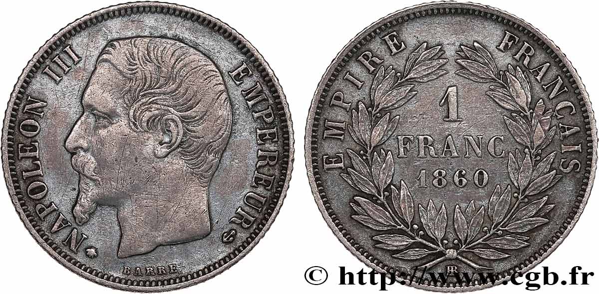 1 franc Napoléon III, tête nue 1860 Strasbourg F.214/17 MBC 