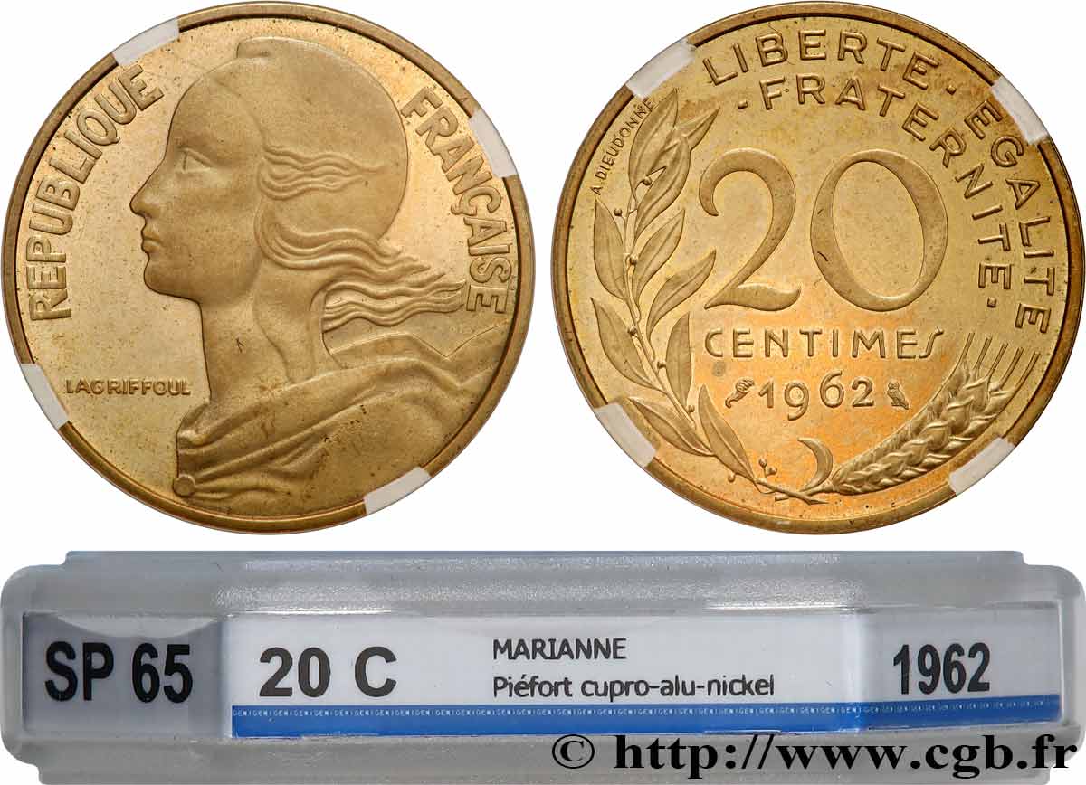 Piéfort Br-Al de 20 centimes Marianne 1962 Paris GEM.56 P1 MS65 GENI