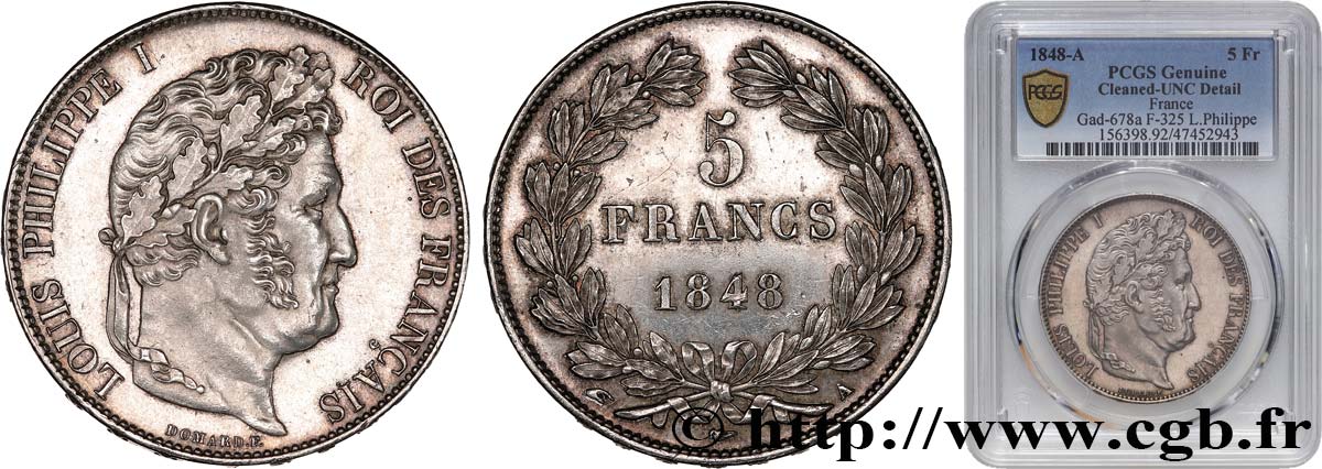 5 francs IIIe type Domard 1848 Paris F.325/17 SUP+ PCGS