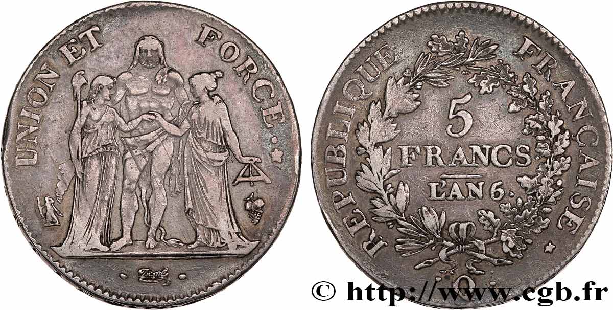 5 francs Union et Force, Union serré, seulement gland extérieur 1798 Perpignan/Bordeaux F.288/84 TTB40 