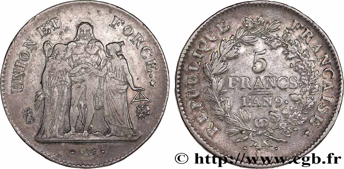 5 francs Union et Force, Union serré, avec glands intérieurs et gland extérieur 1801 Bayonne F.288/161 MBC40 