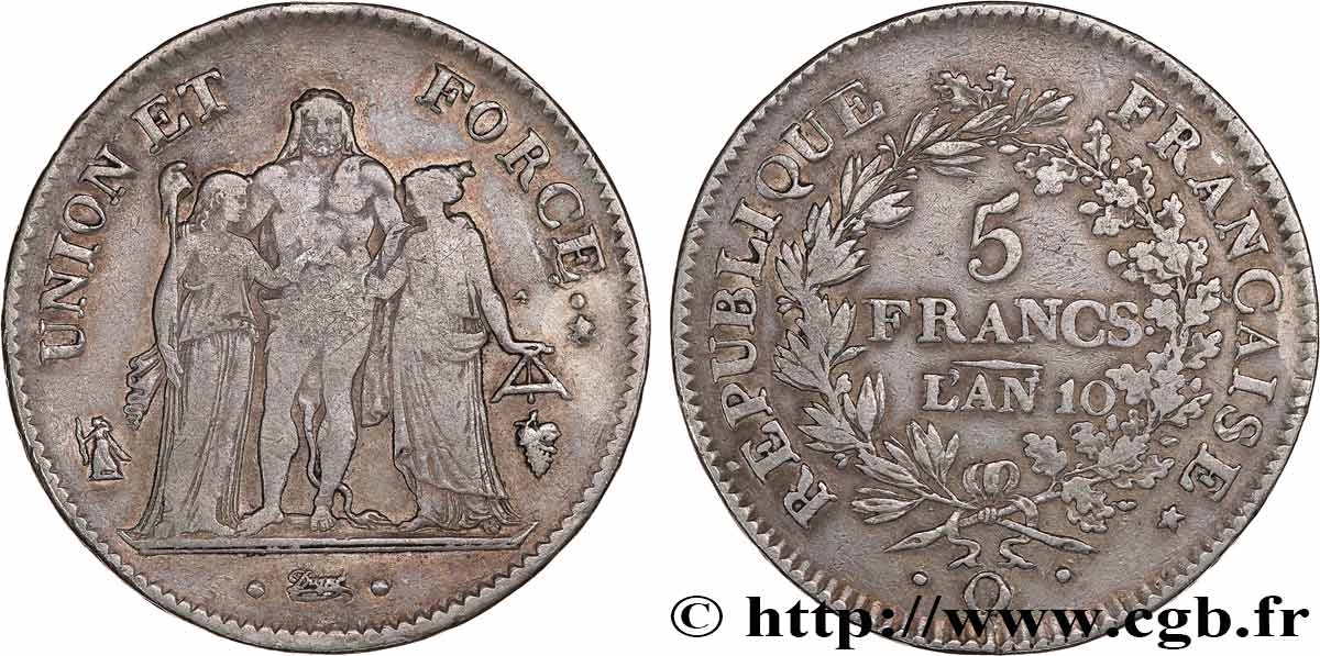 5 francs Union et Force, Union serré, avec glands intérieurs et gland extérieur 1802 Perpignan F.288/184 MBC40 