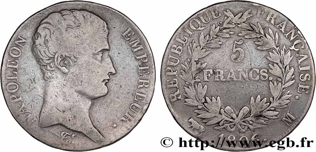 5 francs Napoléon Empereur, Calendrier grégorien 1806 Toulouse F.304/8 TB15 