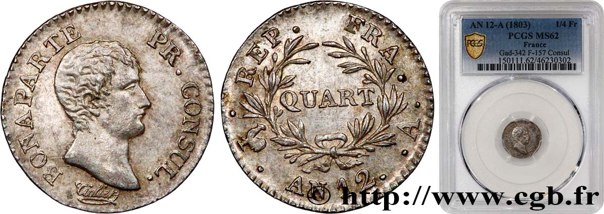 Quart (de franc) Bonaparte Premier Consul 1804 Paris F.157/1 EBC62 PCGS