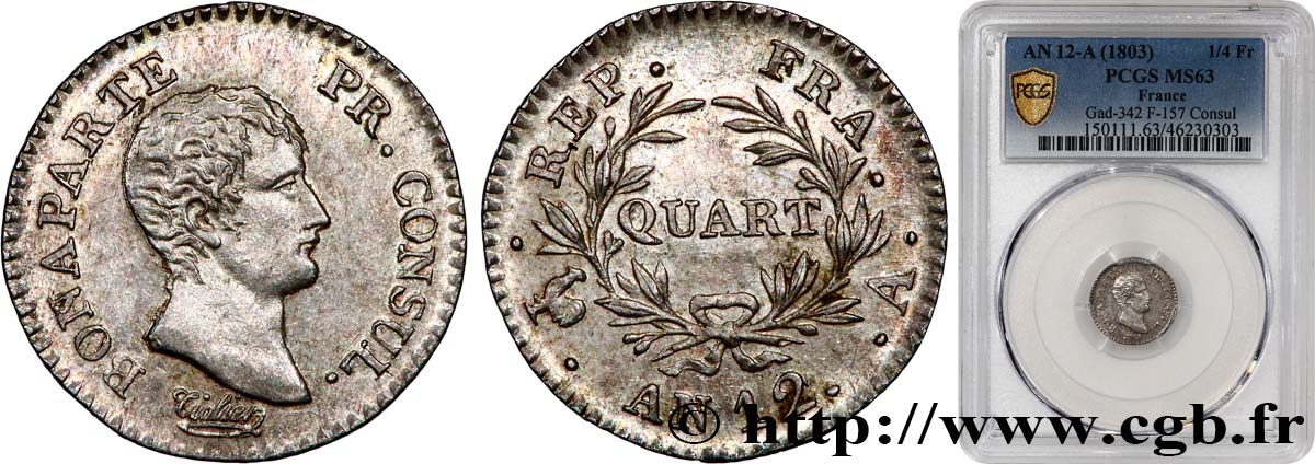 Quart (de franc) Bonaparte Premier Consul 1804 Paris F.157/1 SC63 PCGS