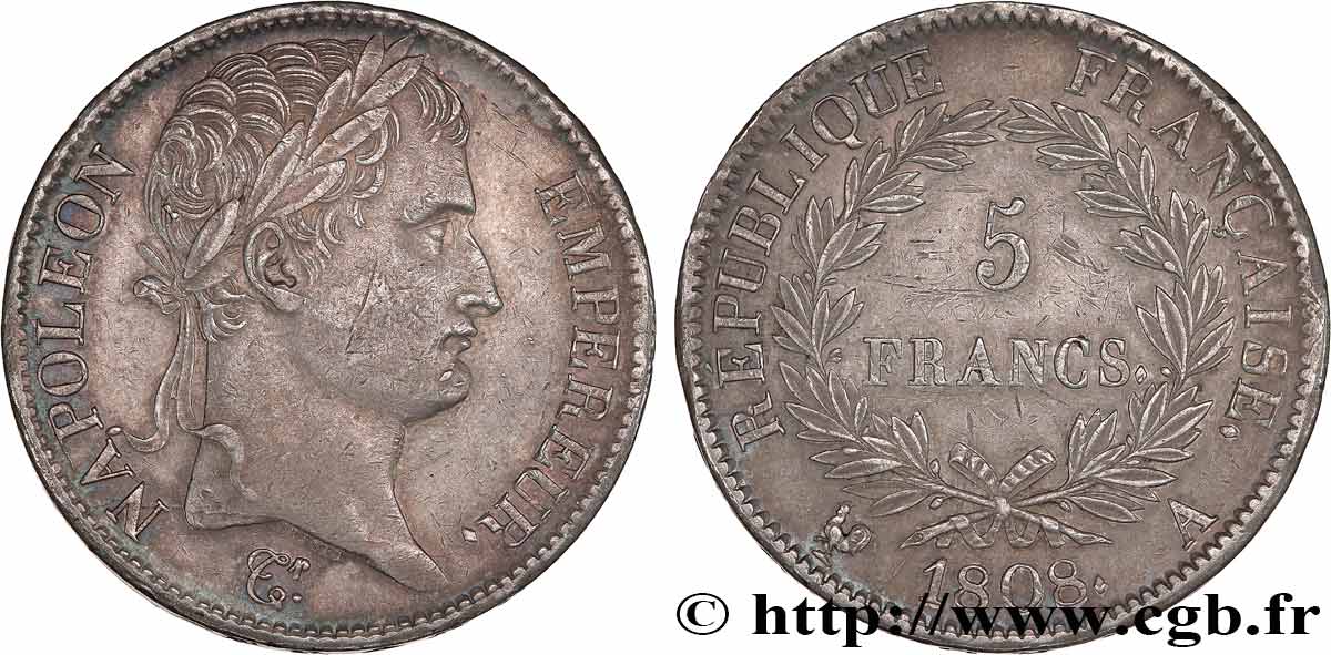 5 francs Napoléon Empereur, République française 1808 Paris F.306/2 AU53 