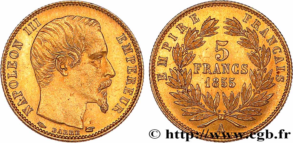 5 francs or Napoléon III, tête nue, petit module, tranche cannelée 1855 Paris F.500A/2 SUP62 