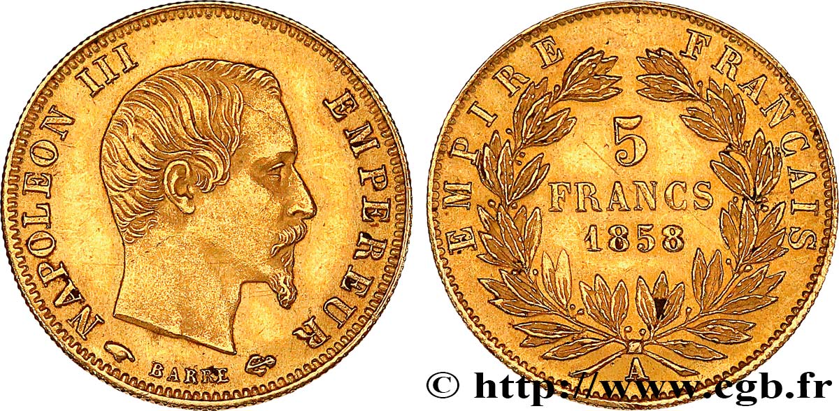 5 francs or Napoléon III, tête nue, grand module 1858 Paris F.501/5 EBC55 