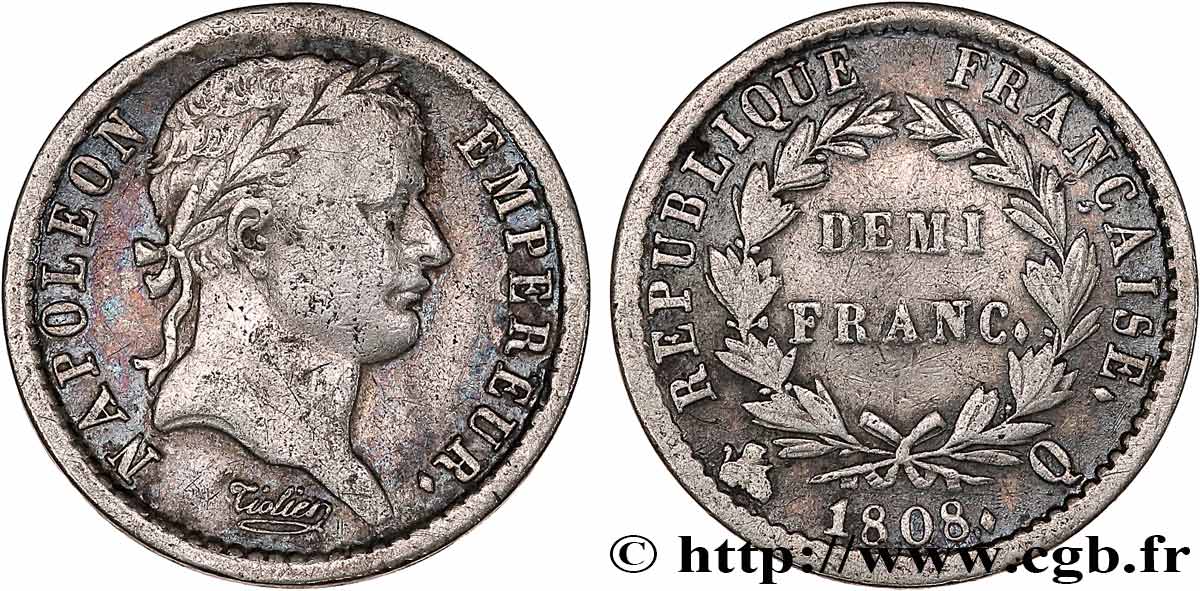 Demi-franc Napoléon Ier tête laurée, République française 1808 Perpignan F.177/13 BC 