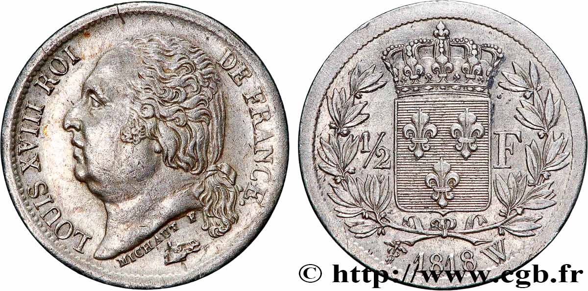 1/2 franc Louis XVIII 1818 Lille F.179/19 AU55 
