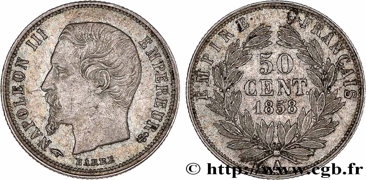 50 centimes Napoléon III, tête nue 1858 Paris F.187/9 AU53 