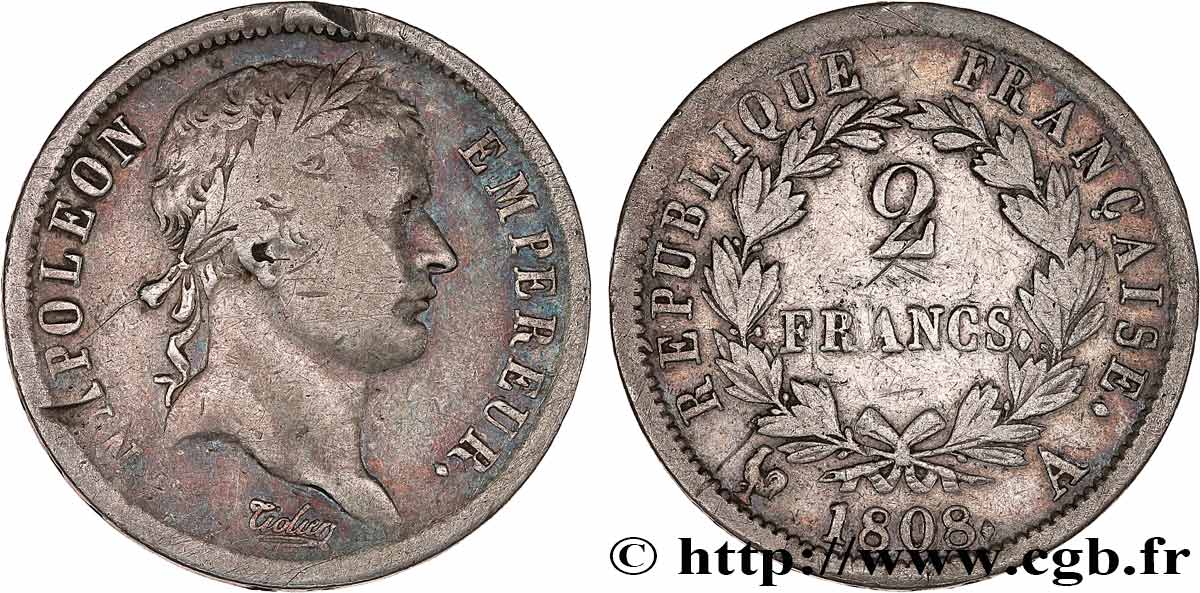 2 francs Napoléon Ier tête laurée, République française 1808 Paris F.254/4 S 