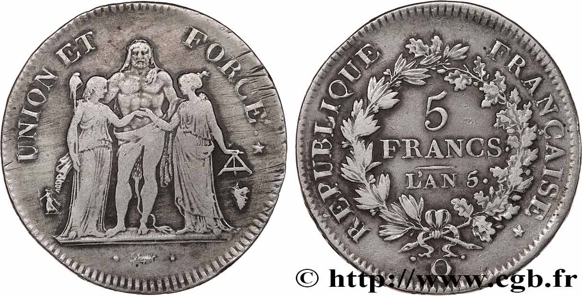 5 francs Union et Force, Union serré, seulement gland extérieur 1797 Perpignan F.294/9 TB+ 