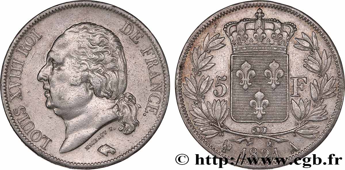 5 francs Louis XVIII, tête nue 1821 Paris F.309/60 TTB 