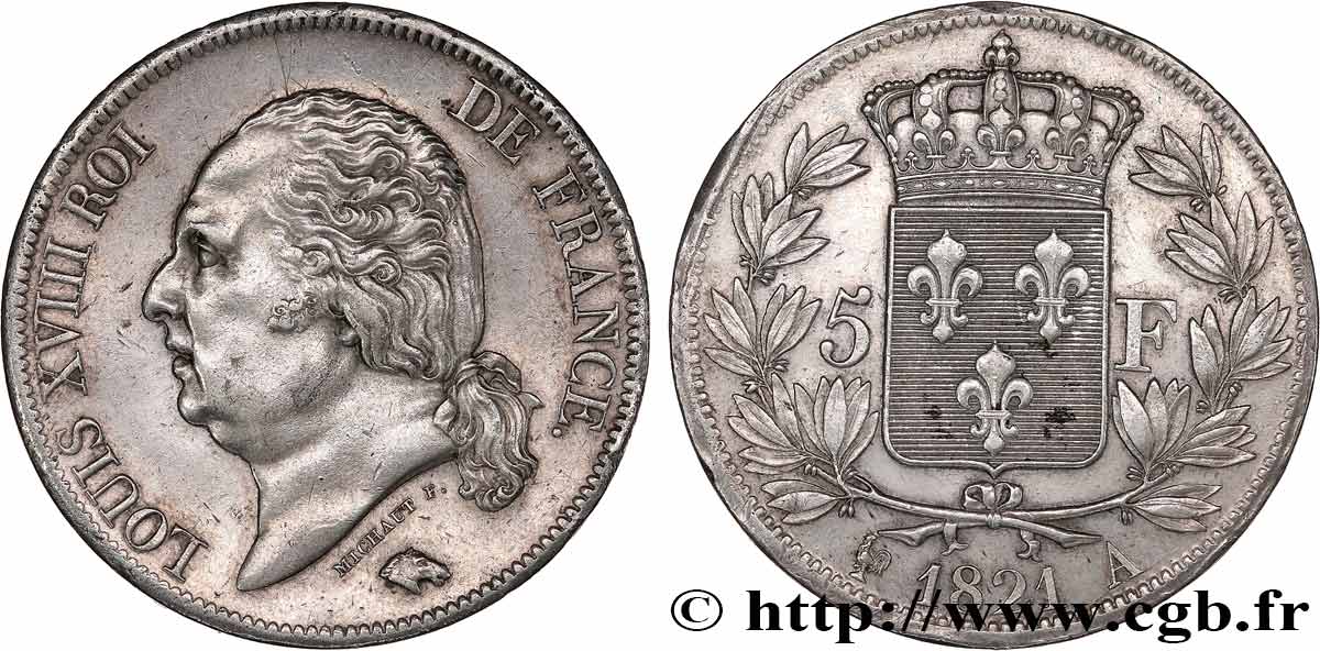 5 francs Louis XVIII, tête nue 1821 Paris F.309/60 TTB+ 
