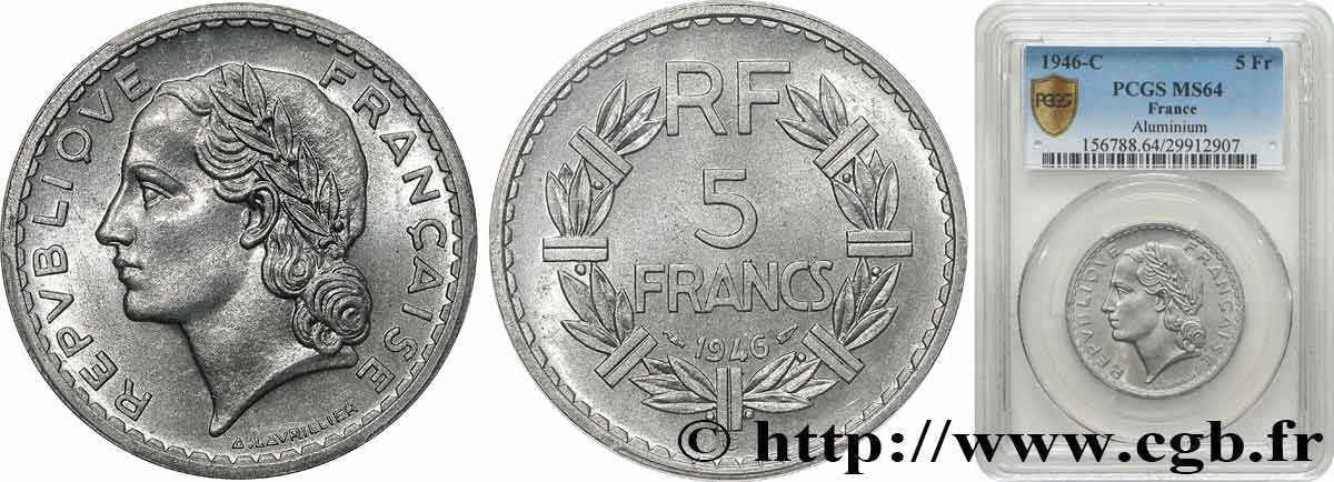 5 francs Lavrillier, aluminium 1946 Castelsarrasin F.339/8 SPL64 PCGS
