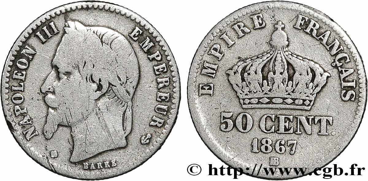 50 centimes Napoléon III, tête laurée, différent au milieu 1867 Strasbourg F.188/17 VG 