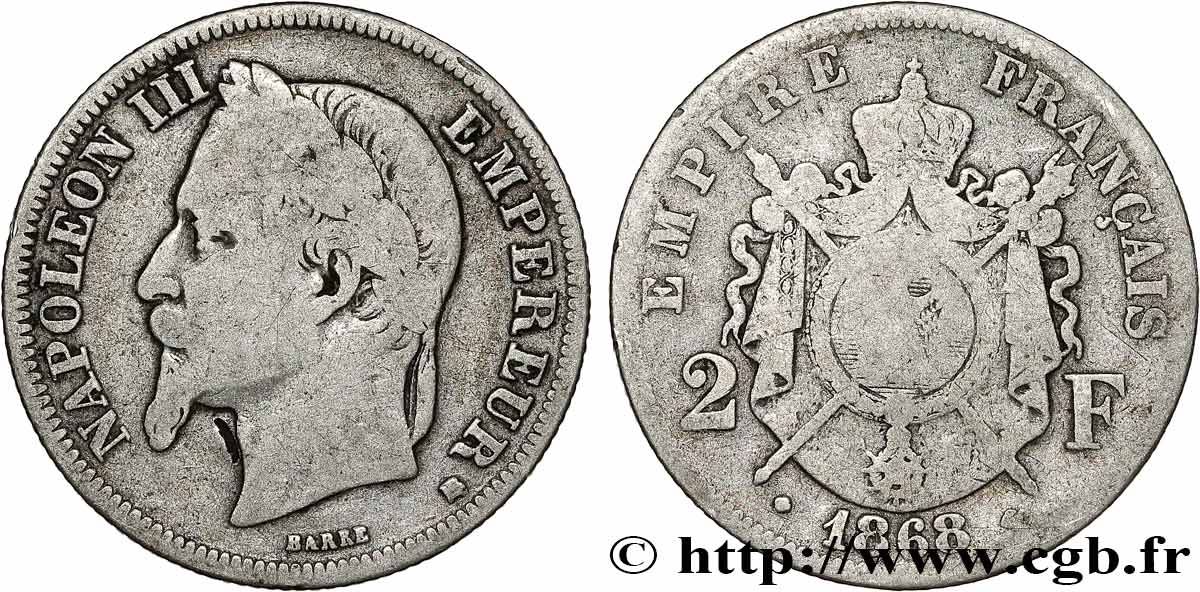 2 francs Napoléon III, tête laurée  1868 Strasbourg F.263/9 q.MB 