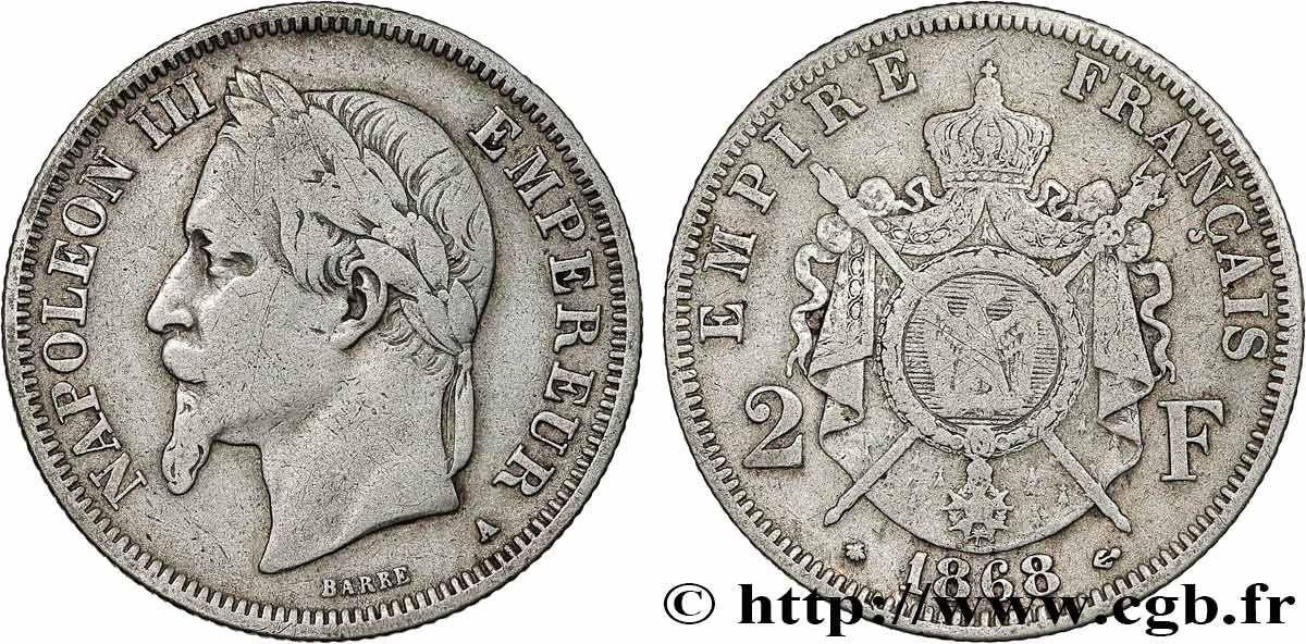 2 francs Napoléon III, tête laurée 1868 Paris F.263/8 MB 