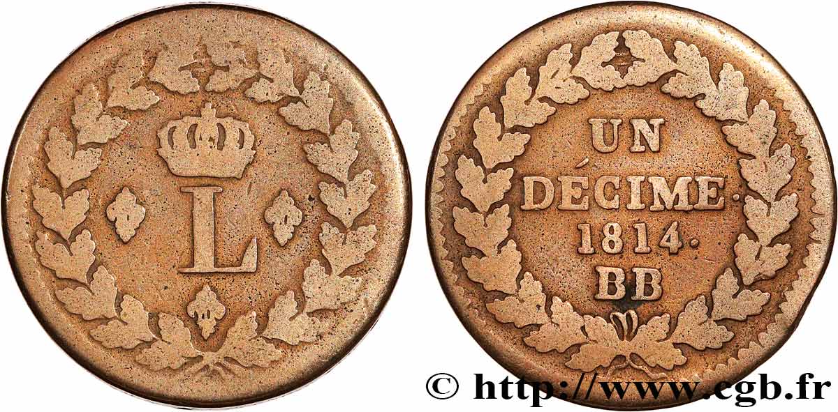 Un décime à l’L couronnée 1814 Strasbourg F.132/1 MB 