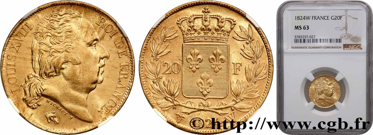 20 francs or Louis XVIII, tête nue 1824 Lille F.519/34 fST63 NGC