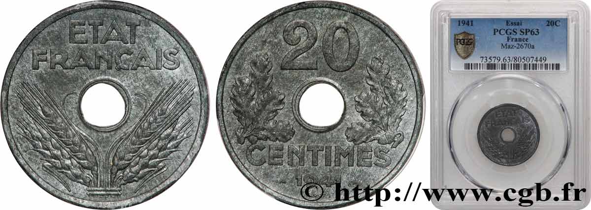 Essai-piéfort de 20 centimes État français 1941 Paris GEM.52 EP fST63 PCGS