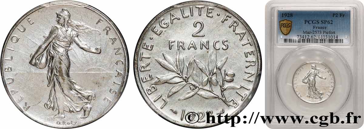 Piéfort argent de 2 francs Semeuse 1928 Paris GEM.111 P3 MS62 PCGS