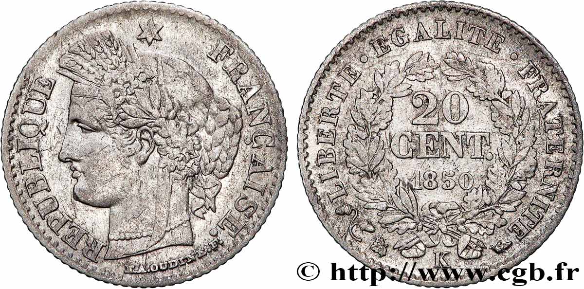 20 centimes Cérès, IIe République, oreille haute 1850 Bordeaux F.146/6 VF 