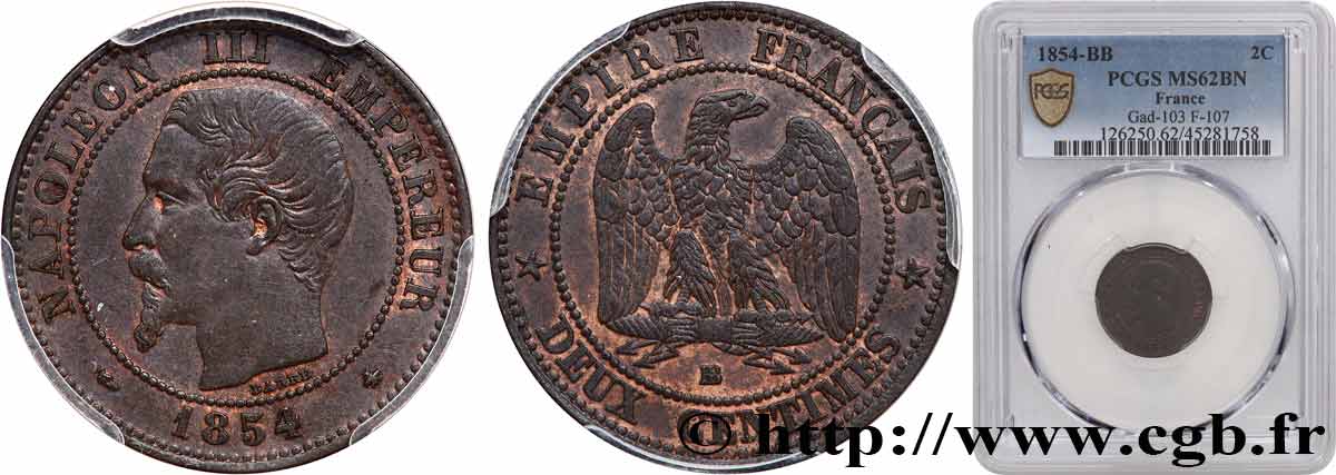 Deux centimes Napoléon III, tête nue 1854 Strasbourg F.107/11 SUP62 PCGS