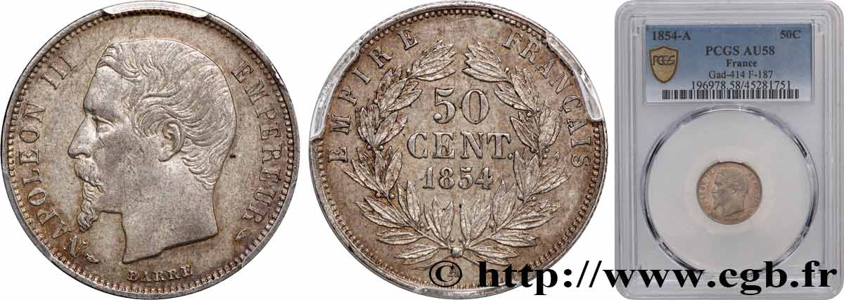 50 centimes Napoléon III, tête nue 1854 Paris F.187/2 EBC58 PCGS