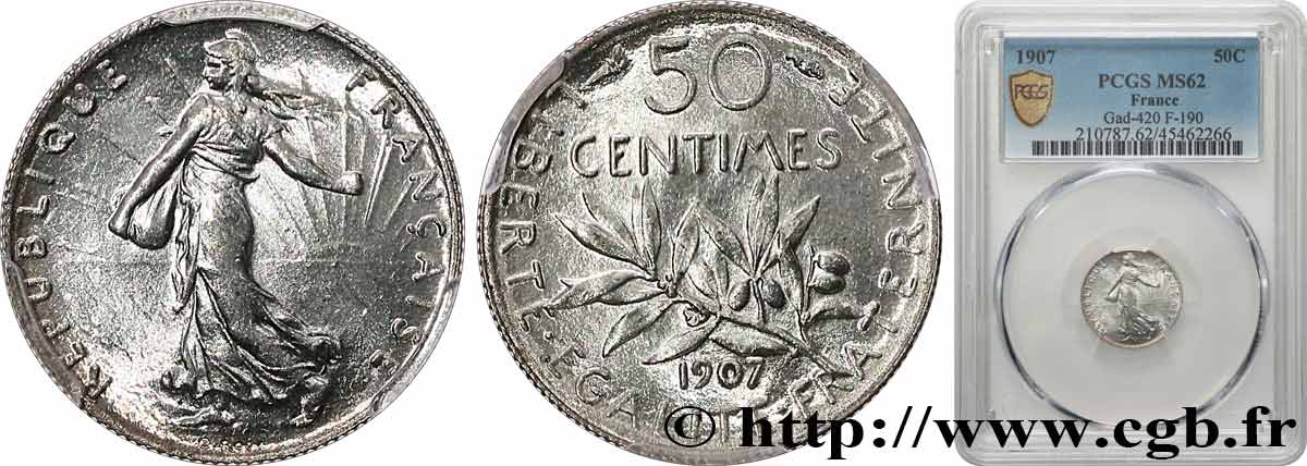 50 centimes Semeuse 1907 Paris F.190/14 MS62 PCGS