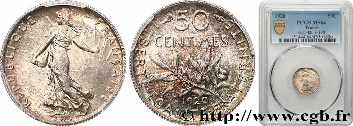 50 centimes Semeuse 1920 Paris F.190/27 MS64 PCGS