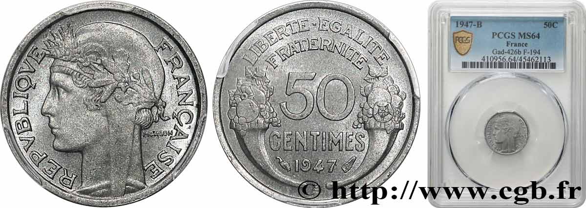 50 centimes Morlon, légère 1947 Beaumont-le-Roger F.194/11 SPL64 PCGS
