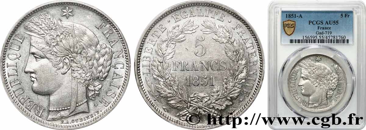 5 francs Cérès, IIe République 1851 Paris F.327/7 VZ55 PCGS