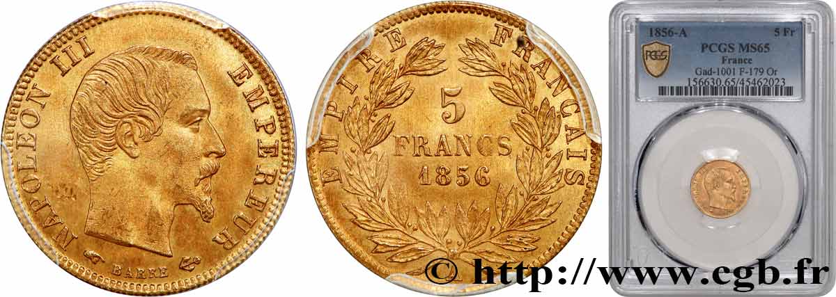 5 francs or Napoléon III, tête nue, grand module 1856 Paris F.501/2 MS65 PCGS