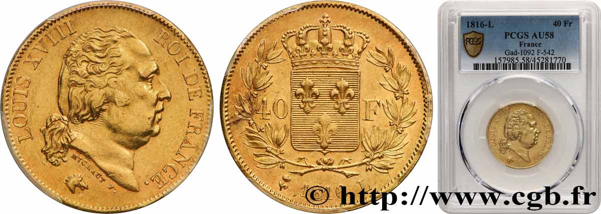 40 francs or Louis XVIII 1816 Bayonne F.542/3 EBC58 PCGS