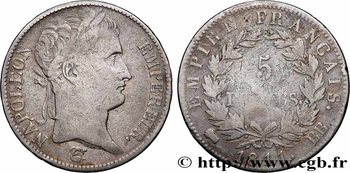 5 francs Napoléon Empereur, Empire français 1811 Strasbourg F.307/29 B 