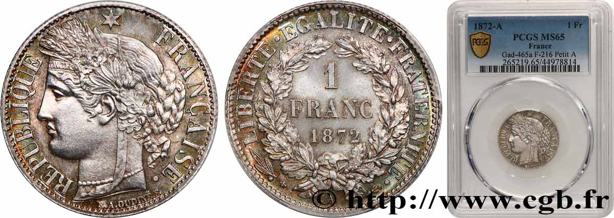 1 franc Cérès, IIIe République, petit A 1872 Paris F.216/5 FDC65 PCGS
