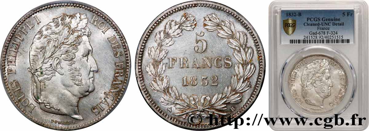 5 francs IIe type Domard 1832 Rouen F.324/2 MS PCGS