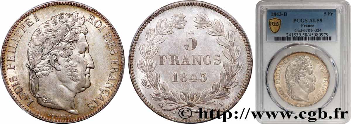 5 francs IIe type Domard 1843 Rouen F.324/101 SUP58 PCGS